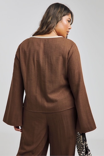 Simply Be Brown Contrast Trim Tie Front Blouse