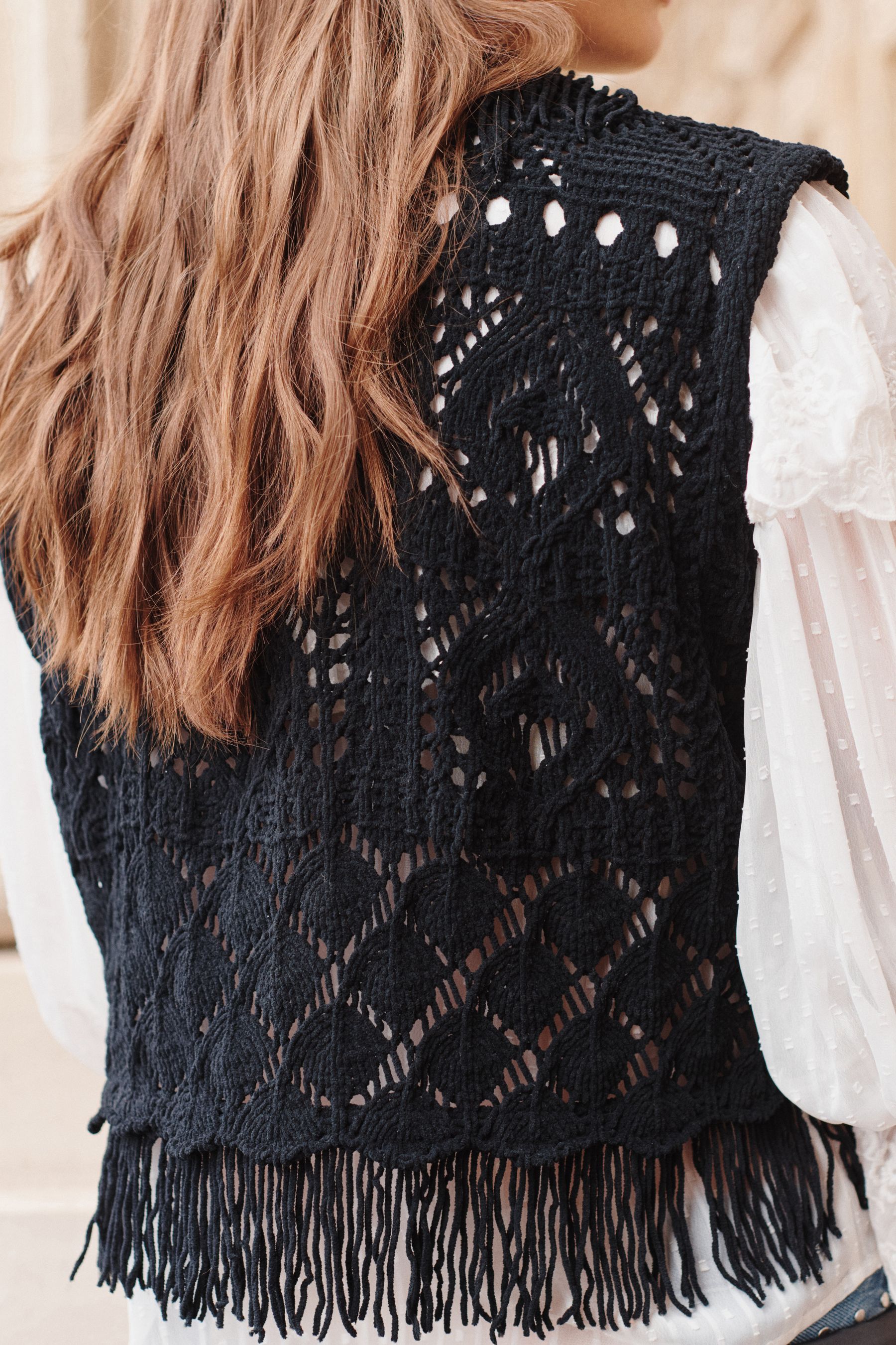 Buy Black Knitted Open Stitch Fringe Waistcoat from the Next UK online shop