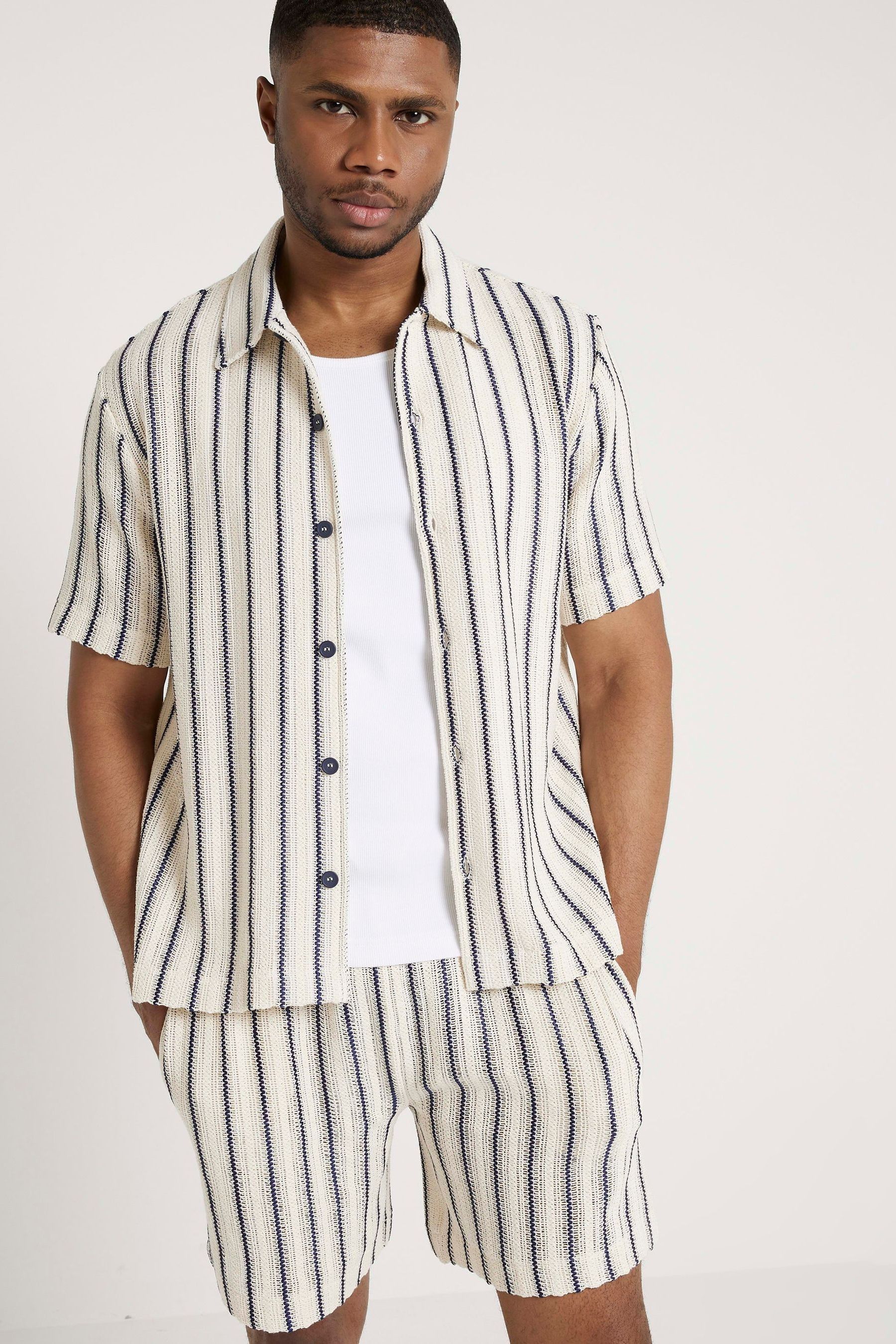 Buy River Island Cream Regular Fit Short Sleeve Crochet Stripe Shirt from the Next UK online shop