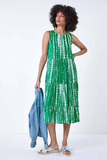 Roman Green Tie Dye Print Sleeveless Smock Dress
