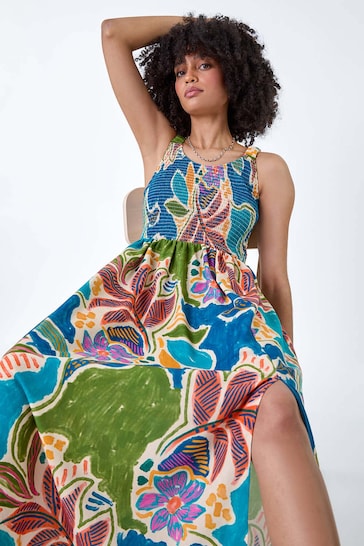 Roman Blue Tropical Leaf Shirred Bodice Midi Dress