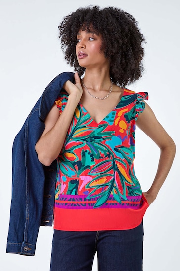 Roman Red Tropical Print Frill Sleeve Vest Top