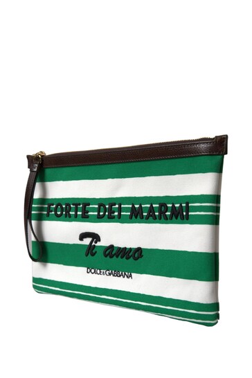 Dolce & Gabbana Green Striped Wristlet Pouch with Logo Detailing and Zip Closure