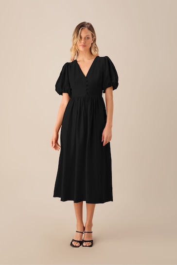 Ro&Zo Linen Blend Puff Sleeve V-Neck Midi Dress