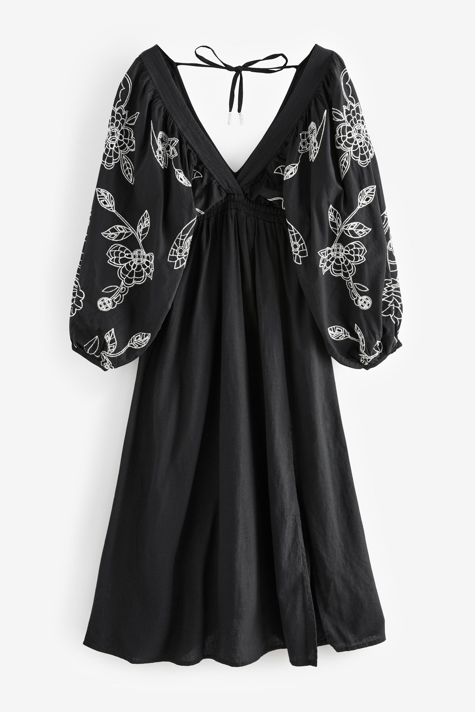 Black White Embroidered Sleeved Maxi 100 Cotton Dress