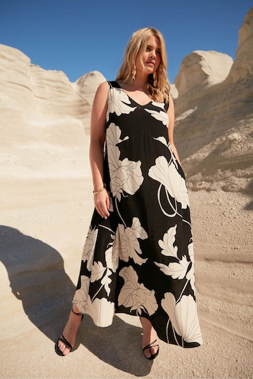 Live Unlimited Black Curve Floral V-Neck Maxi Swing Dress