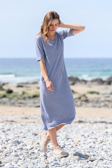 Celtic & Co. Blue Linen Cotton V-Neck Midi Dress