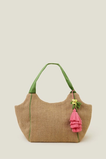 Accessorize Natural Floral Tassel Jute Shopper Bag