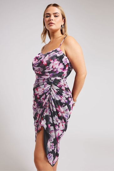 Yours Curve Black Floral Mesh Gathered Tulip Dress