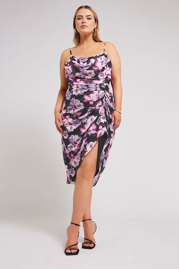 Yours Curve Black Floral Mesh Gathered Tulip Dress