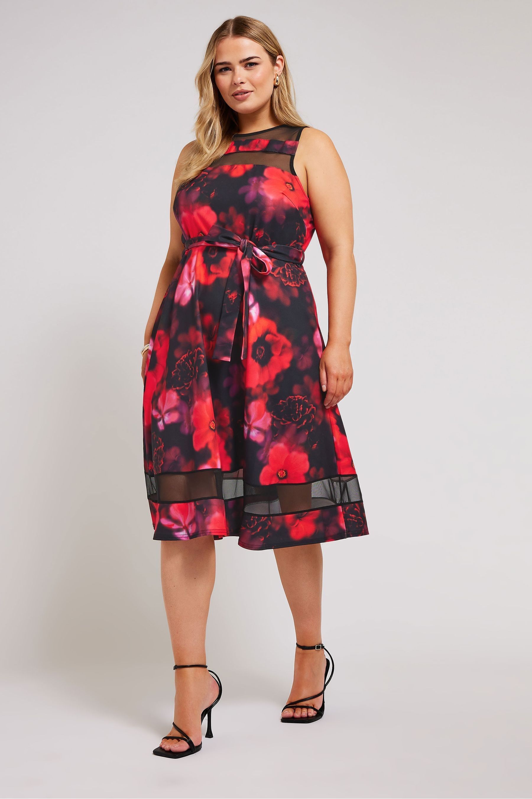 Buy Yours Curve Black Floral Mesh Panel Skater Dress from the Next UK online shop