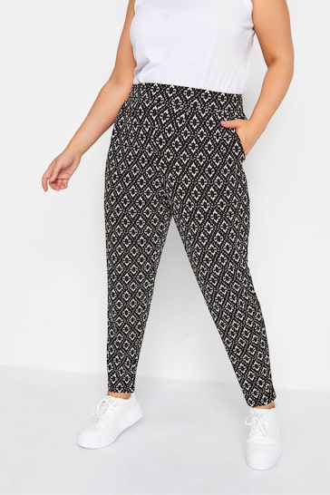 Yours Curve Black Abstract Double Pleated Harem Trousers