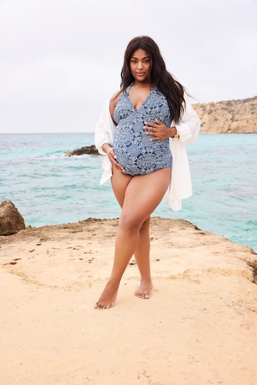 Yours Curve Blue Maternity Halter Plunge Tile Print Swimsuit
