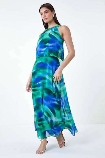 Roman Blue Abstract Print Chiffon Overlay Maxi Dress