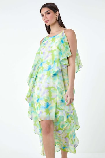 Roman Green Abstract Chiffon Ruffle Detail Midi Dress