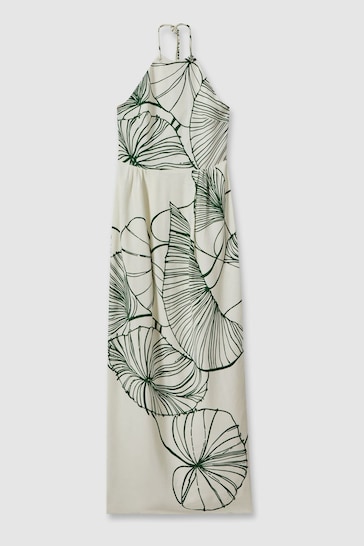 Reiss White/Green Lexi Floral Sketch Halter Neck Maxi Dress