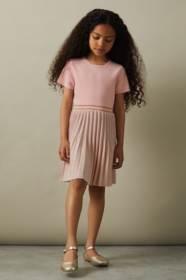 Reiss Pink Zoe Junior Metallic Pleated Knitted Dress