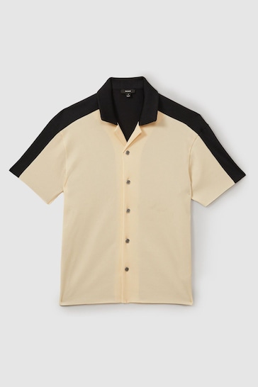 Reiss Off White/Navy Castro Oversized Plisse Cuban Collar Shirt