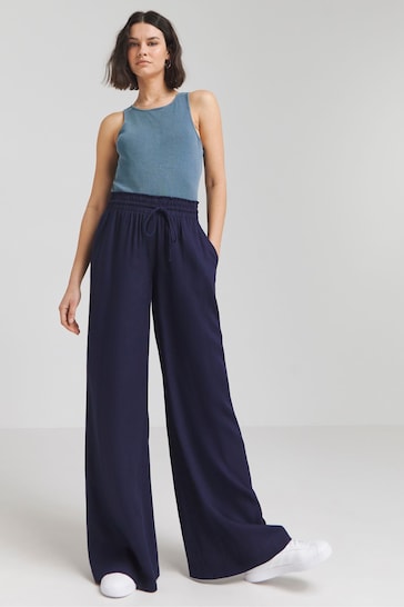 Simply Be Navy Blue Tie Waist Linen Wide Leg Trousers