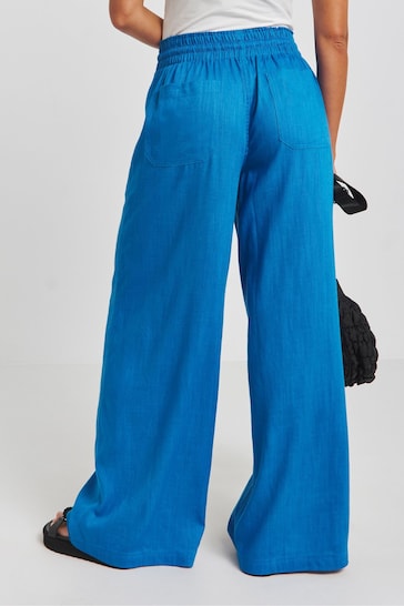 Simply Be Blue Tie Waist Linen Wide Leg Trousers