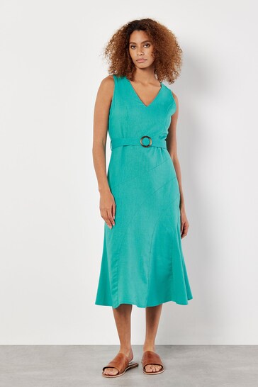 Apricot Blue V-Neck Linen Flounce Dress