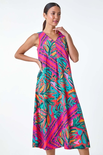 Roman Red Tropical Leaf Print A-Line Midi Dress