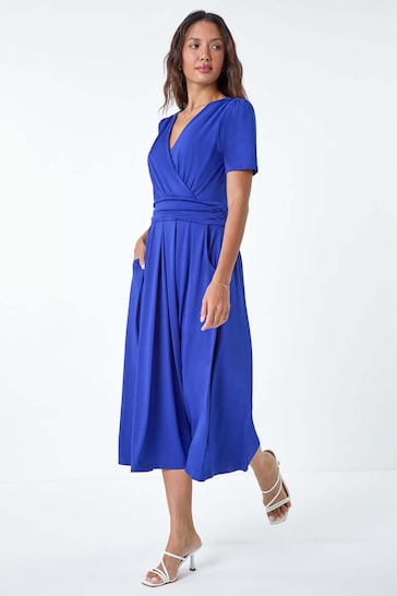 Roman Blue Gathered Midi Wrap Stretch Dress