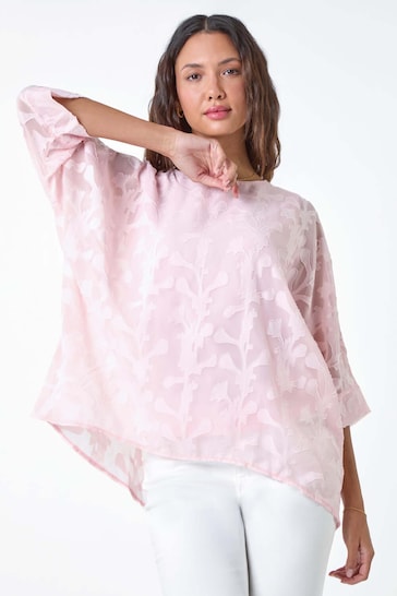 Roman Pink Burnout Floral Dipped Hem Overlay Top