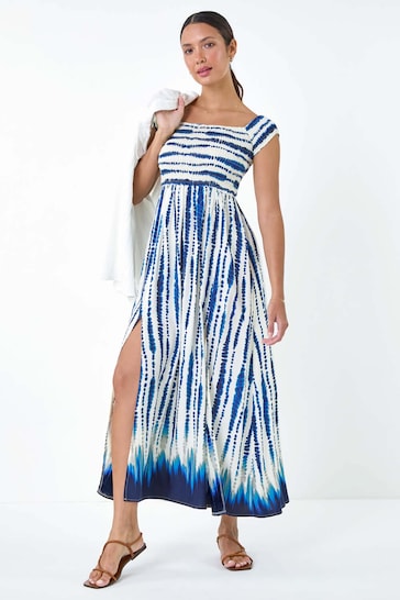 Roman Blue Tie Dye Shirred Bardot Maxi Dress