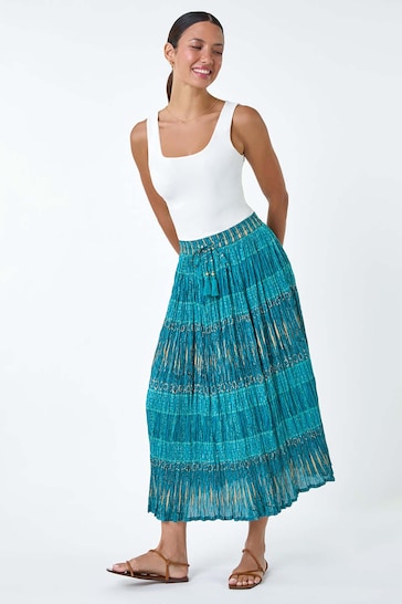 Roman Blue Crinkle Cotton Metallic Foil Midi Skirt