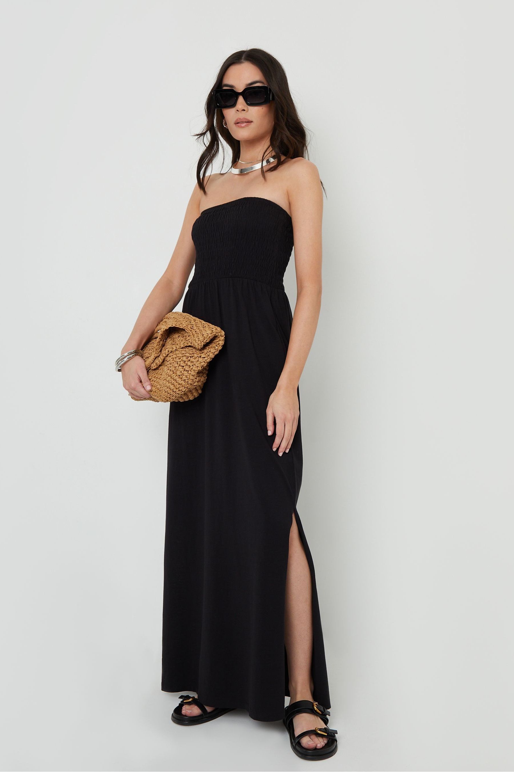 Threadbare Black Bardot Jersey Midi 100 Cotton Dress with Pockets