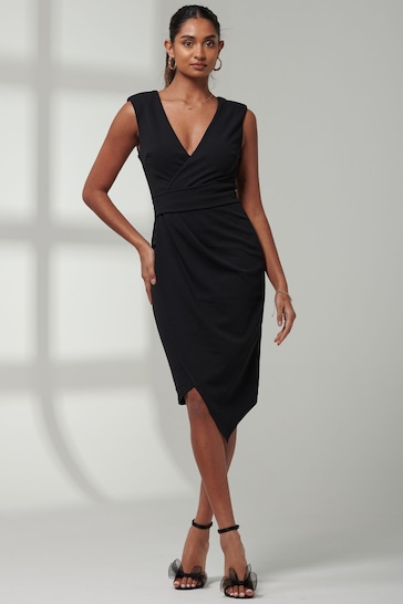 Jolie Moi Black Kiana Wrap Ruched Bodycon Dress