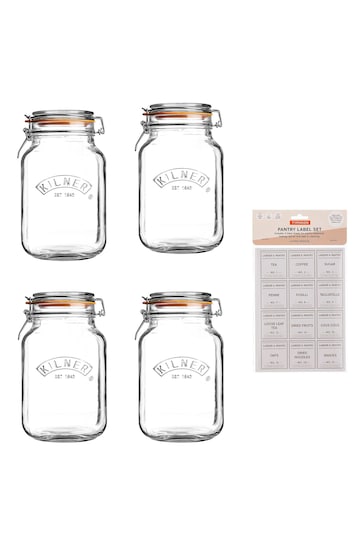 Kilner Clear 2L Square Clip Top Jars and Pantry Labels Set of 3