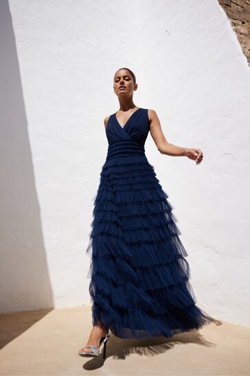 Ro&Zo Anoushka Navy Blue Tulle Tiered Maxi Dress