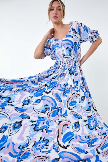 Dusk Blue Shirred Waist Abstract Print Maxi Dress