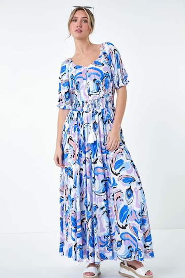 Dusk Blue Shirred Waist Abstract Print Maxi Dress