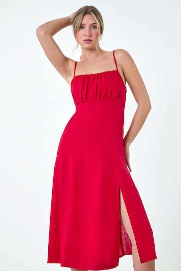 Dusk Red Ruched Linen Blend Midi Dress