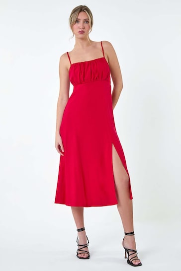Dusk Red Ruched Linen Blend Midi Dress