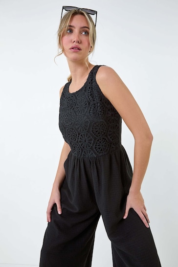 Dusk Black Crochet Lace Wide Leg Jumpsuit