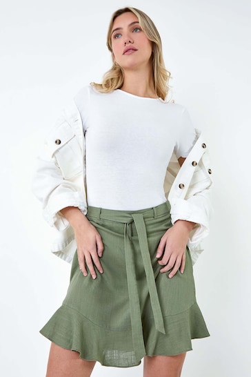 Dusk Green Frill Hem Linen Blend Mini Skirt
