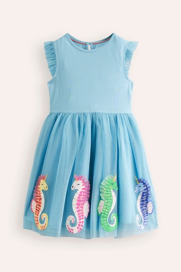 Boden Blue Seahorse Jersey Tulle Appliqué Dress