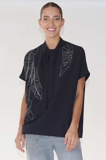 Religion Black Oversized Sensation Blouse With Gunmetal Beaded Motif