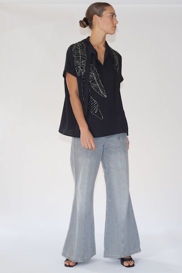 Religion Black Oversized Sensation Blouse With Gunmetal Beaded Motif