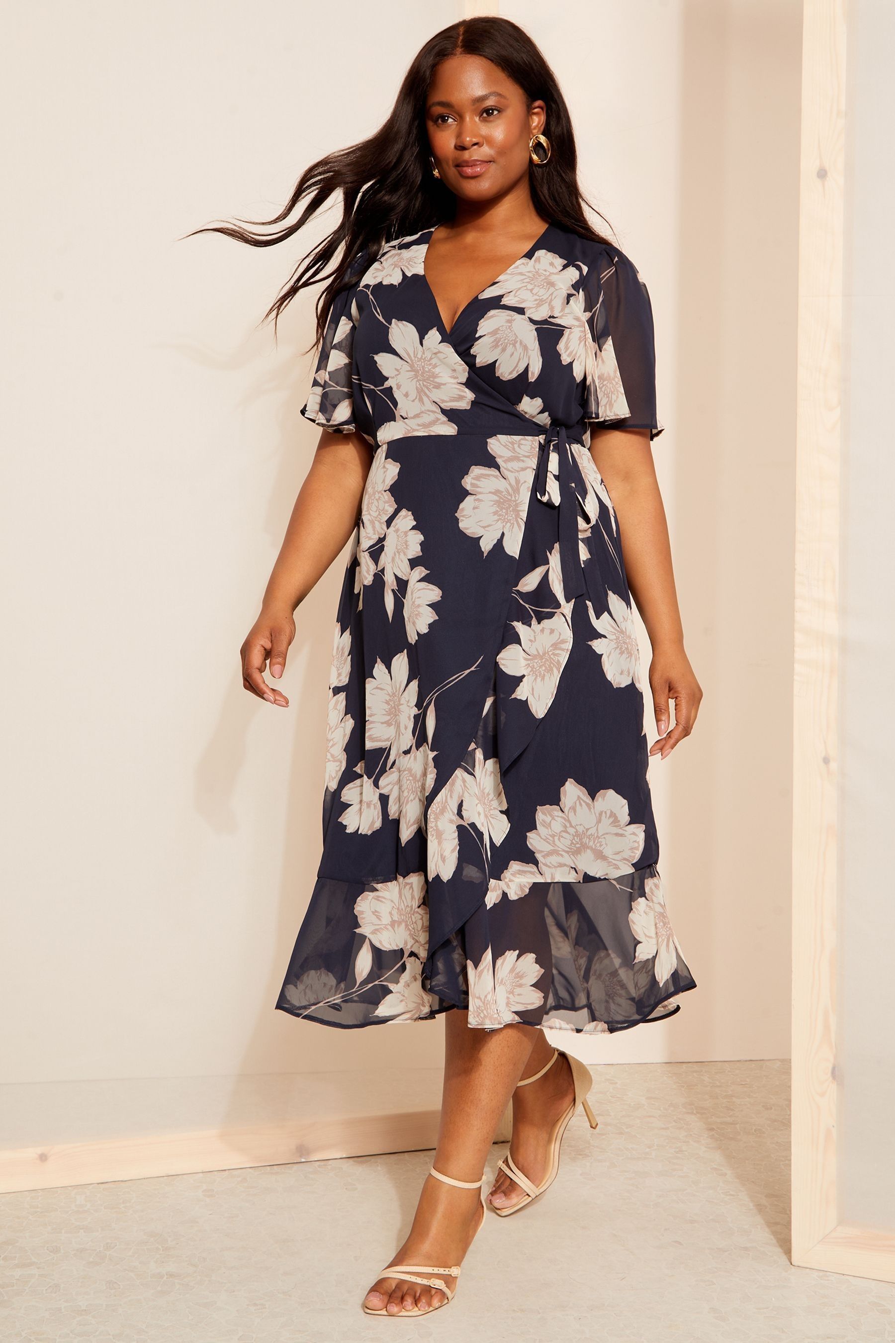 Buy Friends Like These Navy Blue Chiffon Mix Flutter Sleeve Wrap Midi Dress from the Next UK online shop