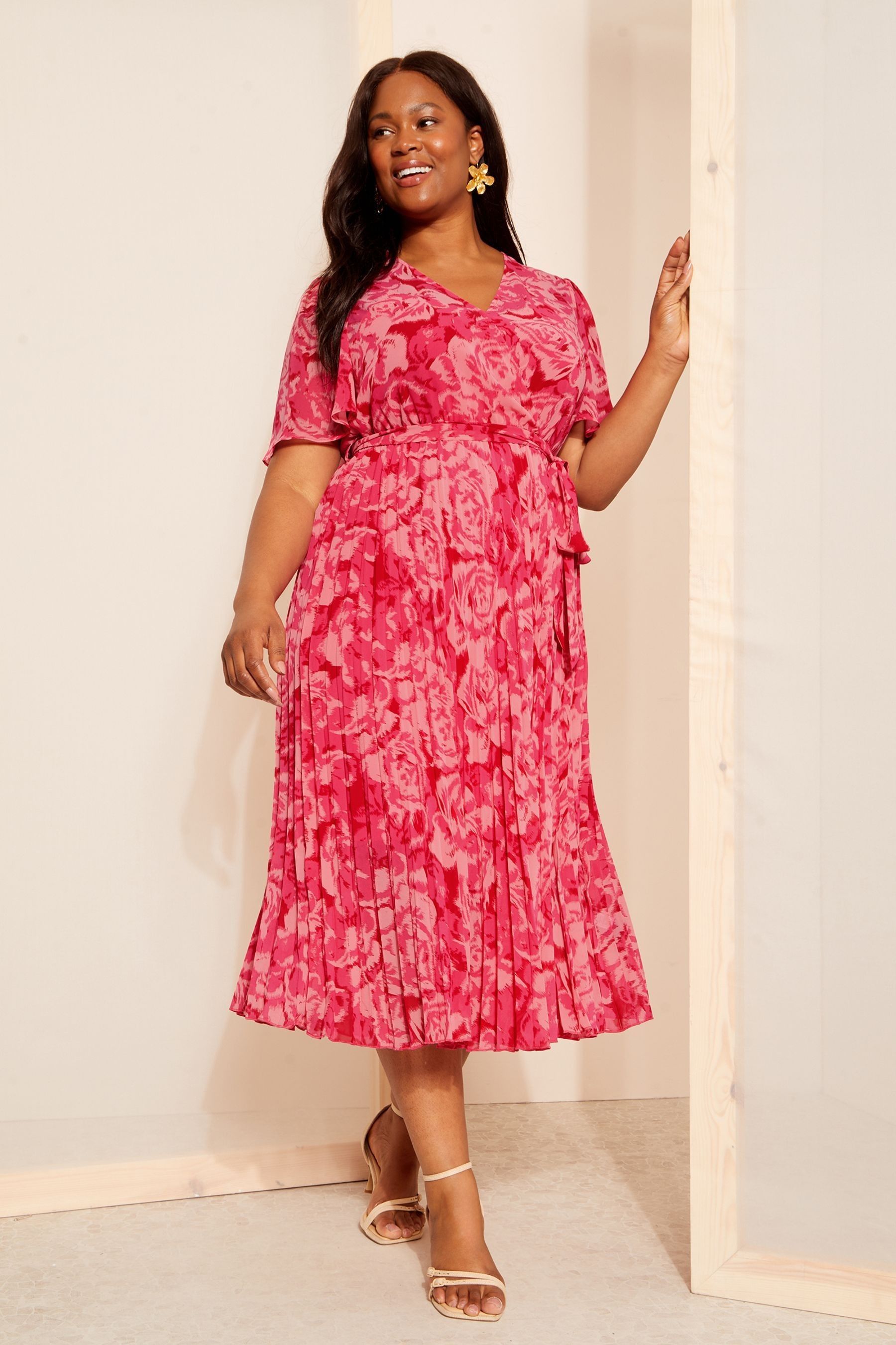 Fuchsia pleated chiffon midi dress 2025