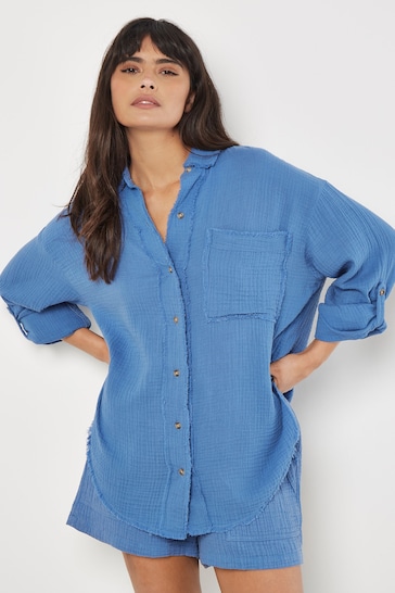 Apricot Blue Fringed Detail Oversized Tetra Shirt