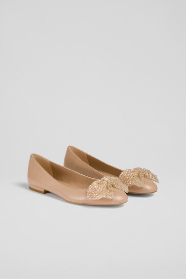 LK Bennett Natural Christa Beige Sparkle Bow Flats