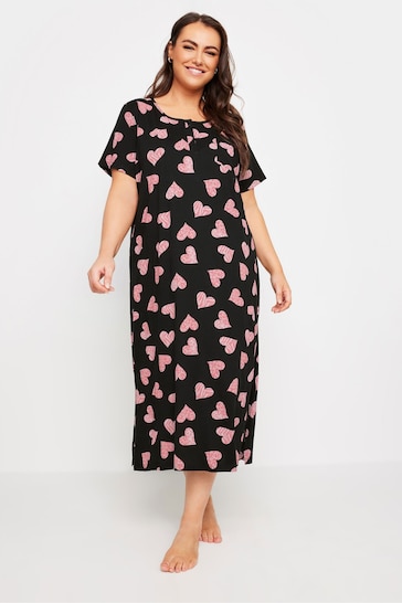 Yours Curve Black Animal Print Heart Placket Midaxi Nightdress