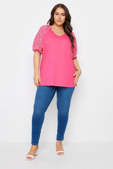 Yours Curve Pink Anglaise Sleeve T-Shirt