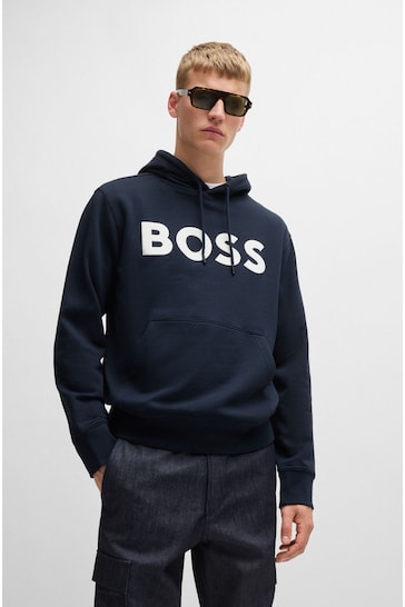 BOSS Blue Contrast-Logo in Cotton Terry Hoodie